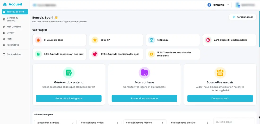 The learner dashboard in French: streak, XP, level, weekly goal, quiz submission and accuracy rates, and shortcuts to generate content, browse it and rate it.
