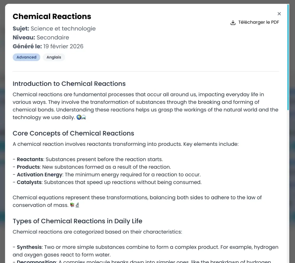 A generated secondary-level lesson on chemical reactions, with sections on core concepts and reaction types, and a PDF download.