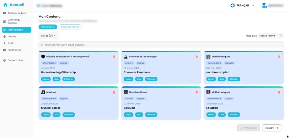 The learner's content library: generated units across citizenship, science, maths and music, each with a lesson, a quiz and a reflection, in English or French.