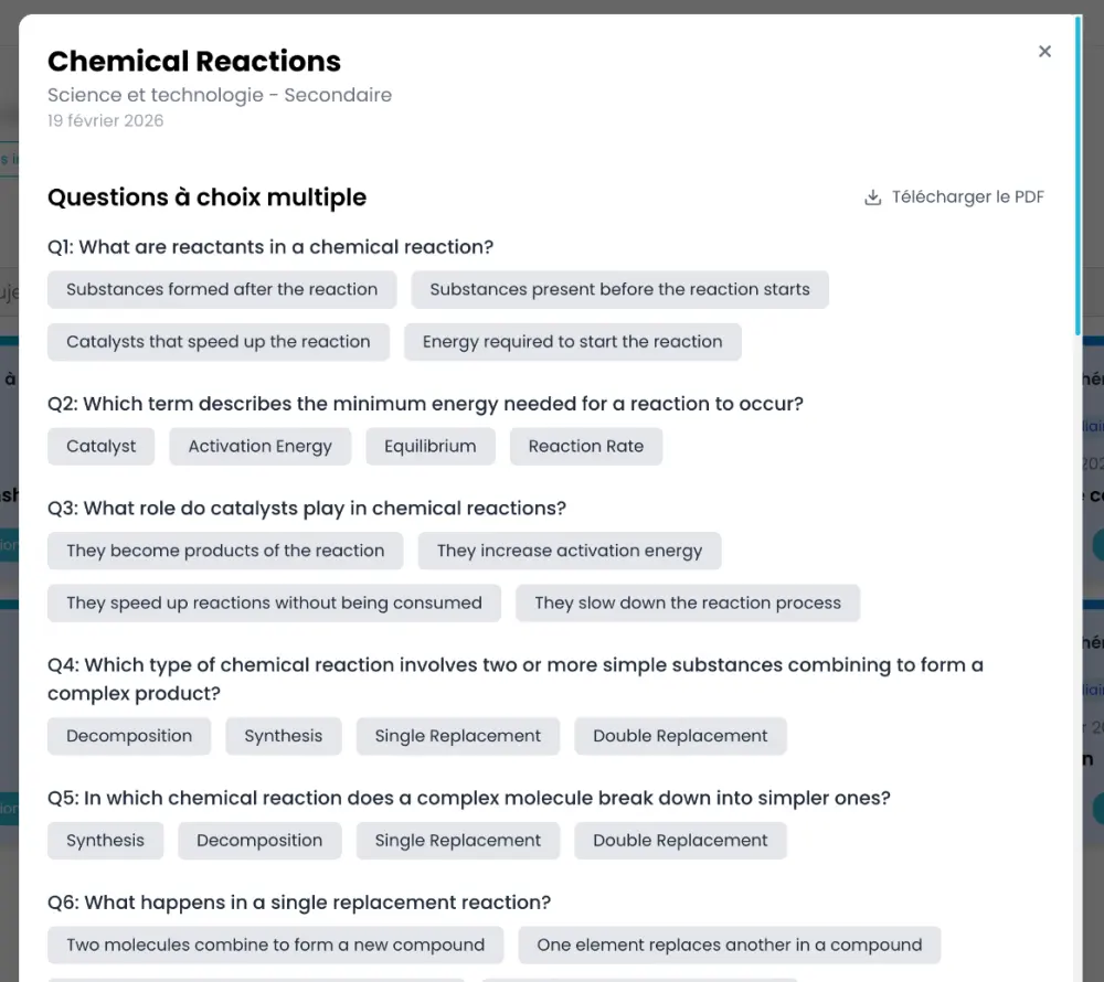 A generated multiple-choice quiz on chemical reactions with six questions and four options each.