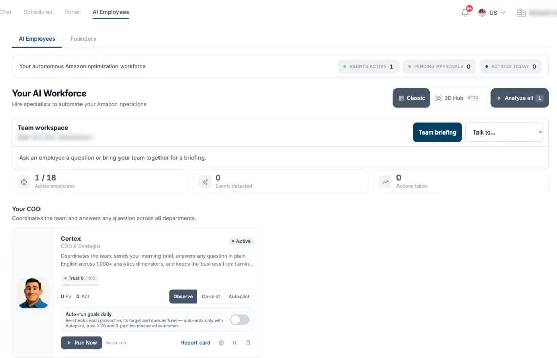 Shurq's AI Workforce screen. An AI employee card shows a trust score out of 100 and three autonomy modes, Observe, Co-pilot and Autopilot.