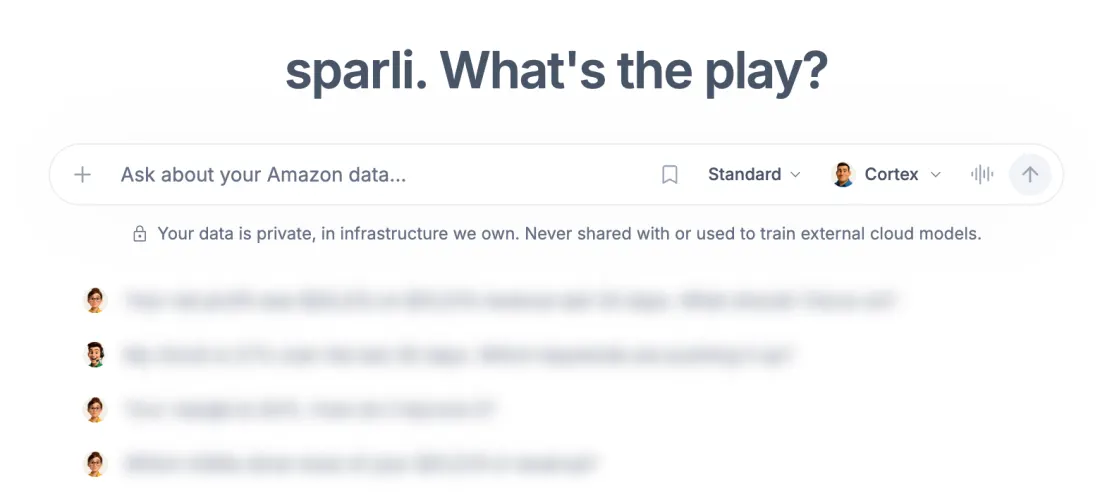 Shurq AI's chat screen: an input for questions about Amazon data, a choice of AI employee to ask, voice input, and a note that the seller's data stays on infrastructure Shurq owns.