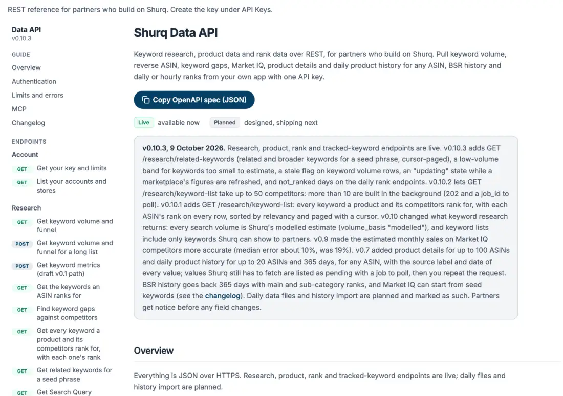 The Shurq Data API reference, with an endpoint list, a Copy OpenAPI spec button and version notes.