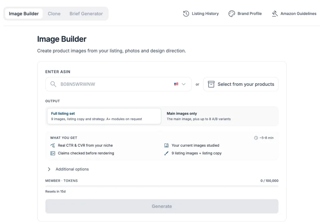 Shurq Creative Studio's Image Builder: generate nine listing images plus copy for an ASIN, using real CTR and CVR from the niche, with claims checked before rendering.